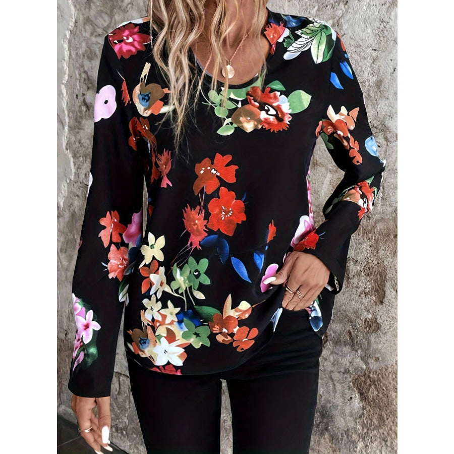 Printed Notched Long Sleeve Blouse Apparel and Accessories