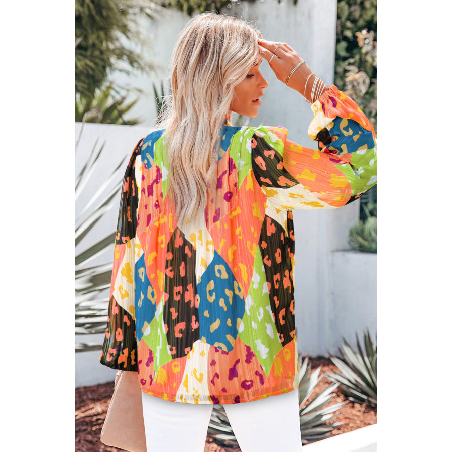 Printed Notched Long Sleeve Blouse Apparel and Accessories