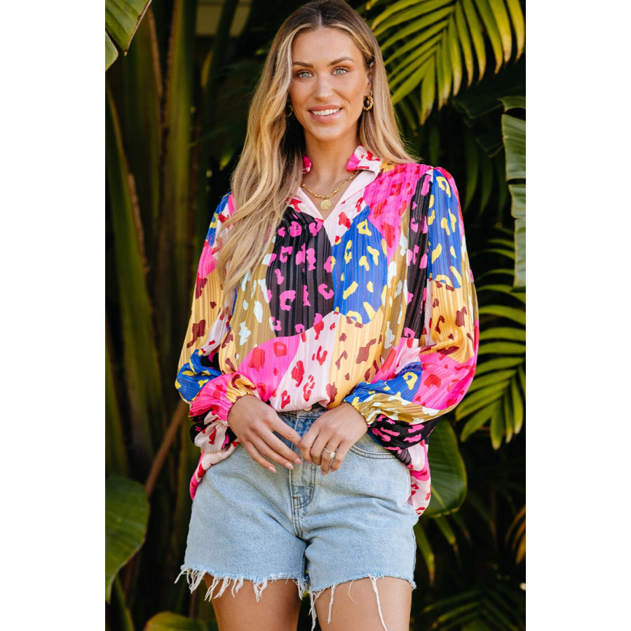 Printed Notched Long Sleeve Blouse Apparel and Accessories