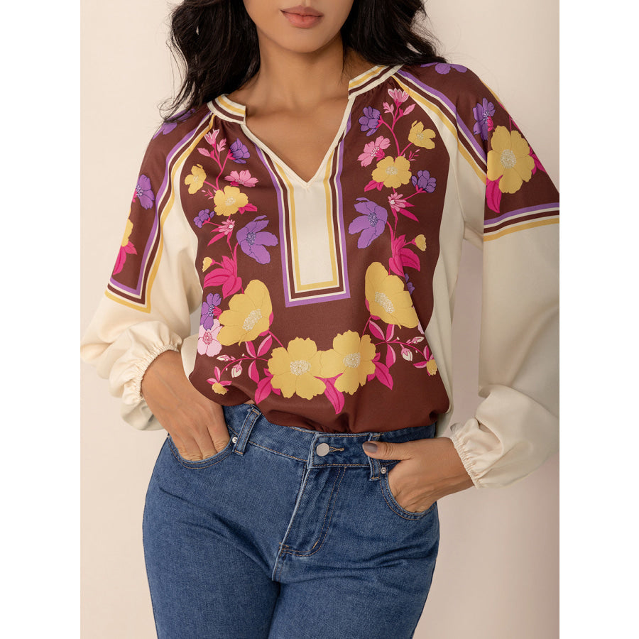 Printed Notched Long Sleeve Blouse Apparel and Accessories