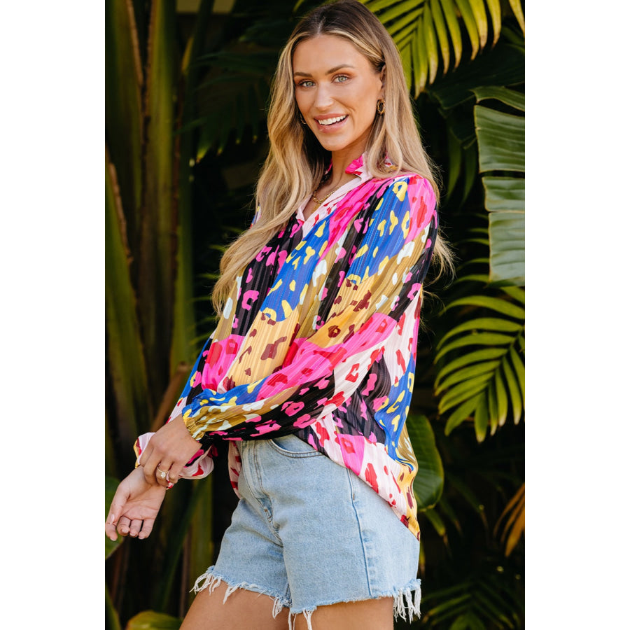 Printed Notched Long Sleeve Blouse Apparel and Accessories