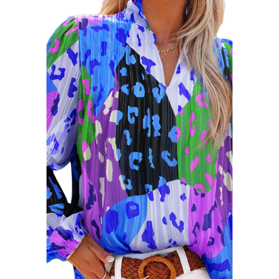 Printed Notched Long Sleeve Blouse Apparel and Accessories