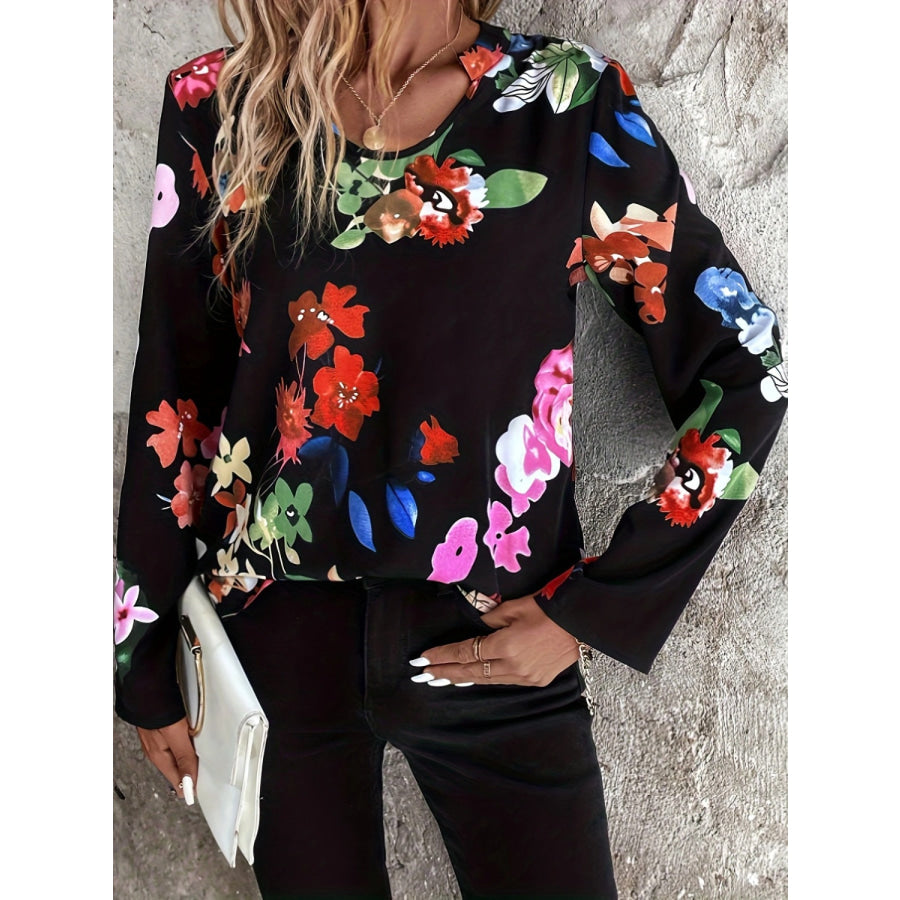 Printed Notched Long Sleeve Blouse Apparel and Accessories