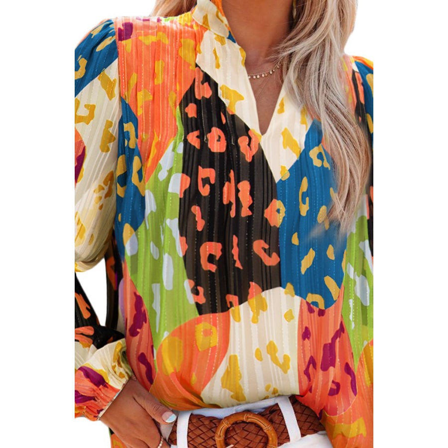 Printed Notched Long Sleeve Blouse Apparel and Accessories