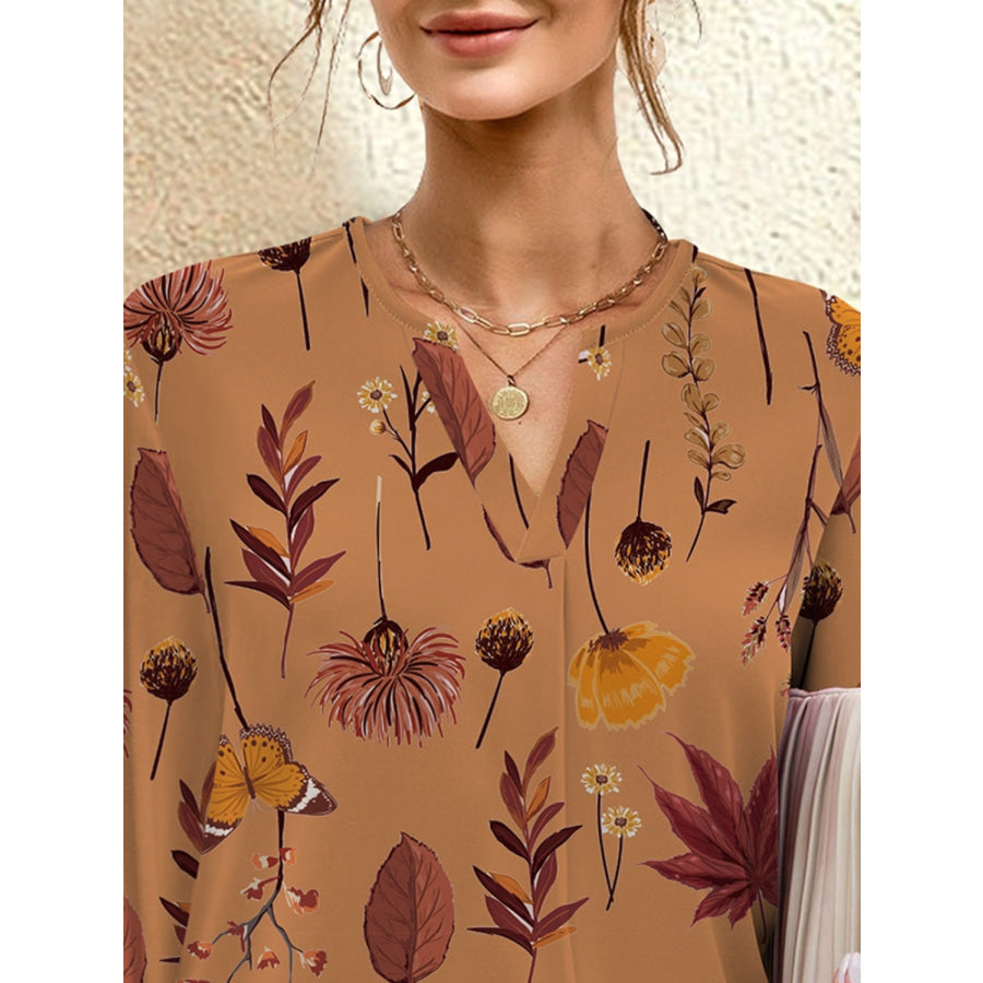 Printed Notched Long Sleeve Blouse Apparel and Accessories