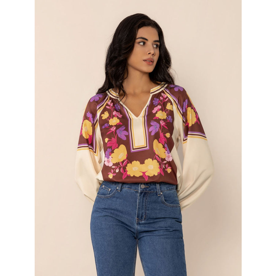 Printed Notched Long Sleeve Blouse Apparel and Accessories