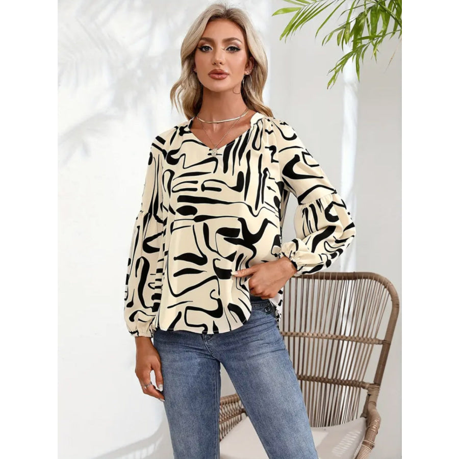 Printed Notched Long Sleeve Blouse Apparel and Accessories