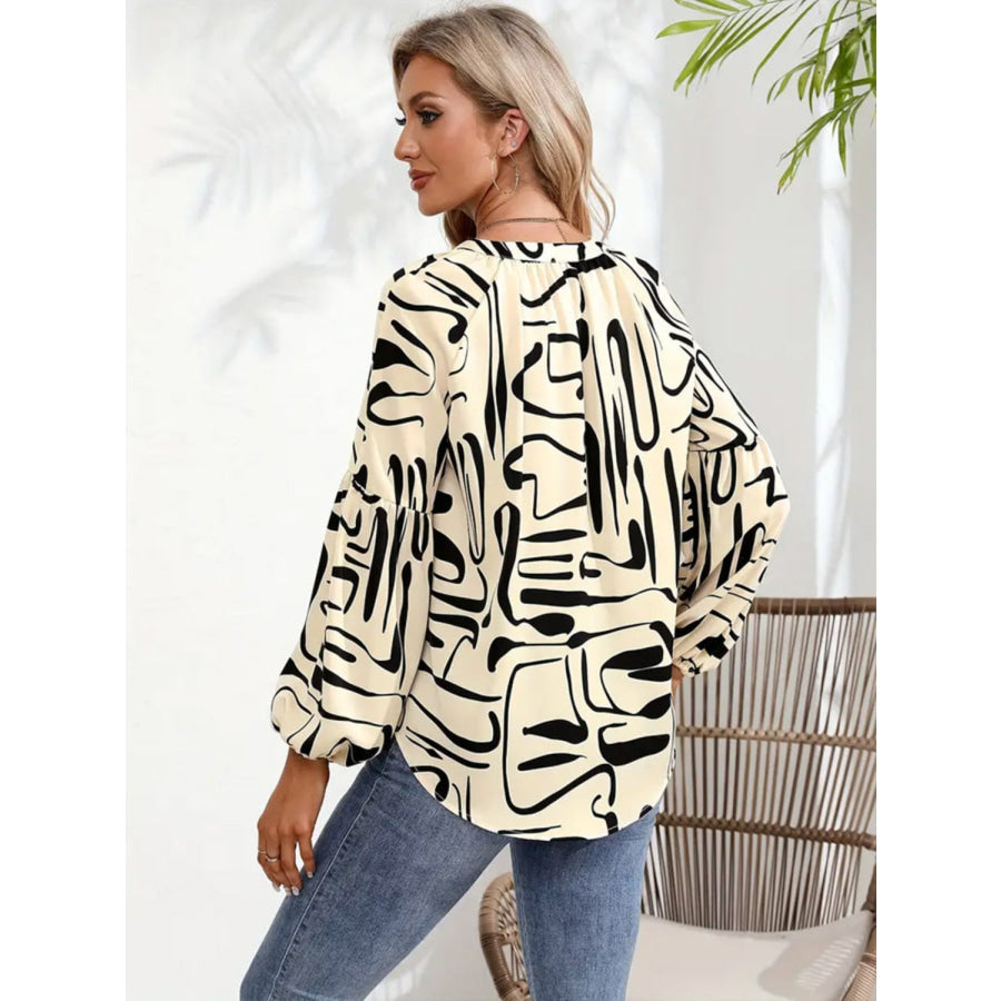 Printed Notched Long Sleeve Blouse Apparel and Accessories