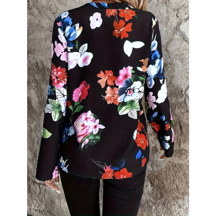 Printed Notched Long Sleeve Blouse Apparel and Accessories