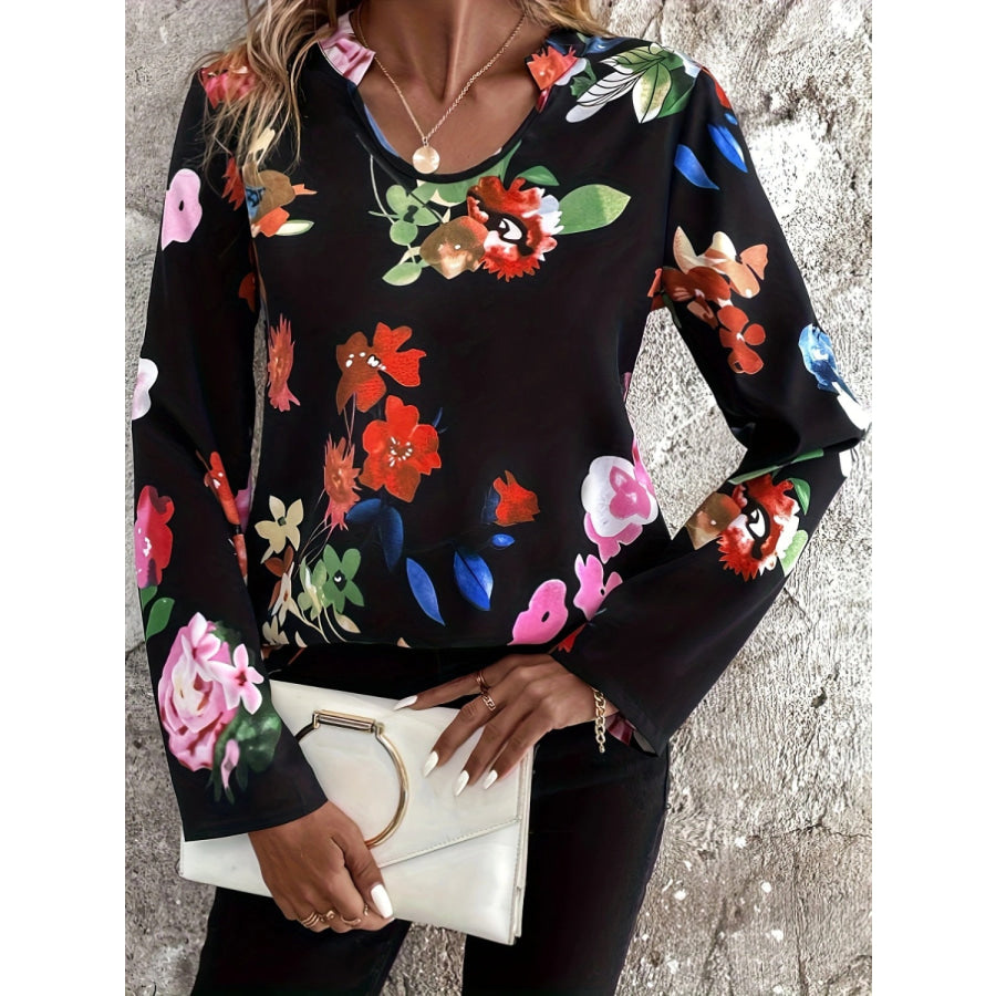 Printed Notched Long Sleeve Blouse Apparel and Accessories