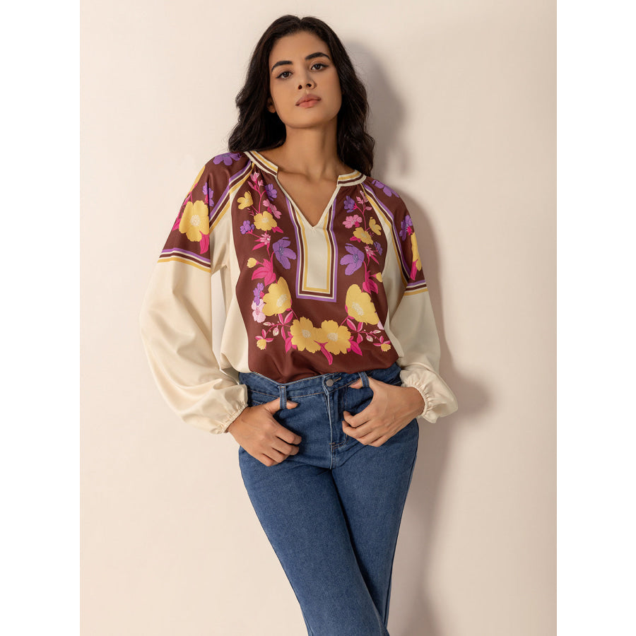 Printed Notched Long Sleeve Blouse Apparel and Accessories