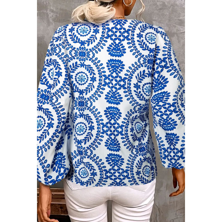 Printed Notched Long Sleeve Blouse Apparel and Accessories