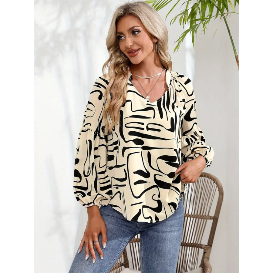 Printed Notched Long Sleeve Blouse Apparel and Accessories