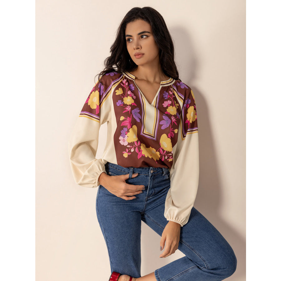 Printed Notched Long Sleeve Blouse Apparel and Accessories