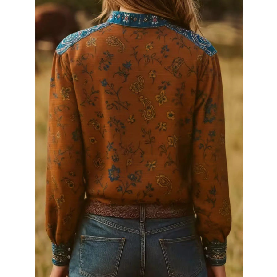 Printed Notched Long Sleeve Blouse Apparel and Accessories