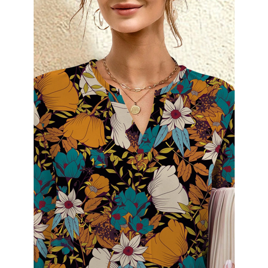 Printed Notched Long Sleeve Blouse Apparel and Accessories