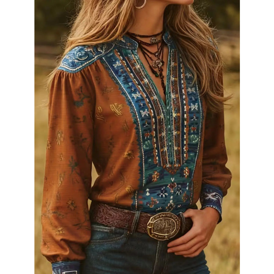 Printed Notched Long Sleeve Blouse Apparel and Accessories