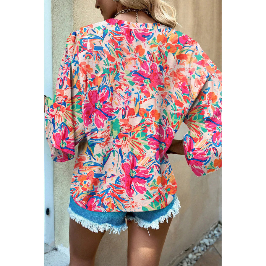 Printed Notched Long Sleeve Blouse Apparel and Accessories