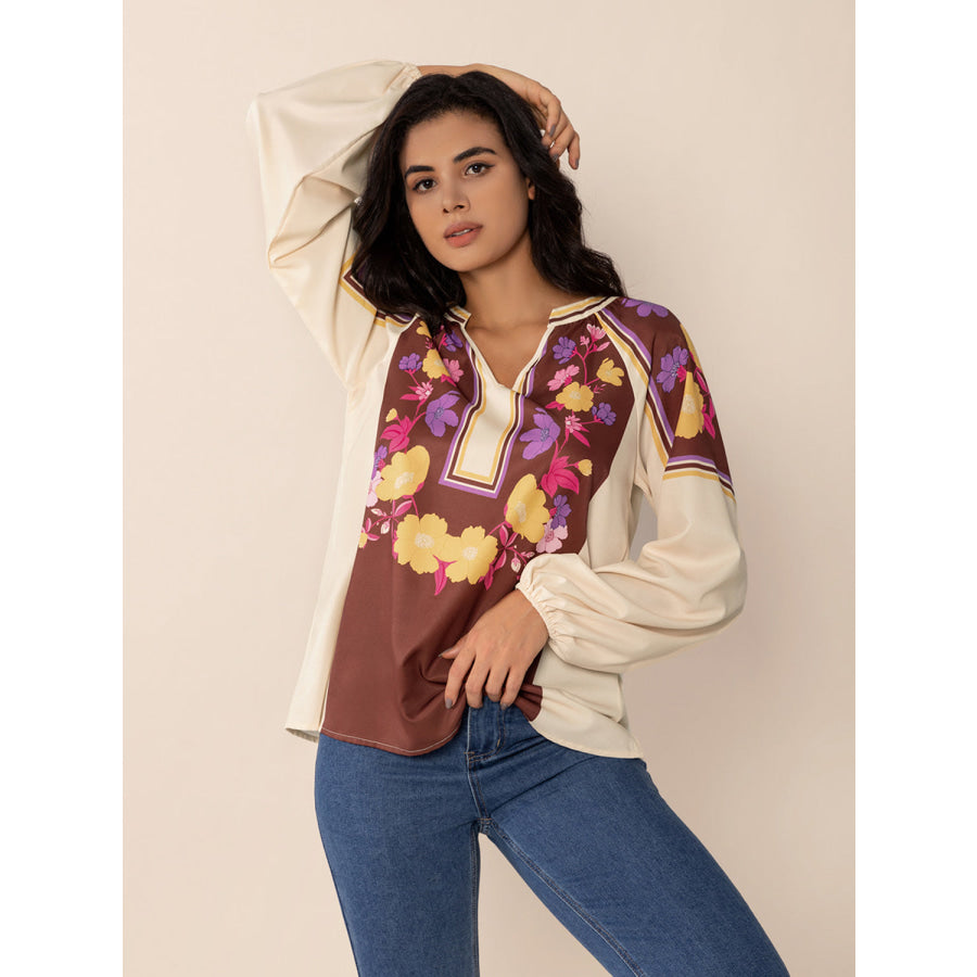 Printed Notched Long Sleeve Blouse Apparel and Accessories