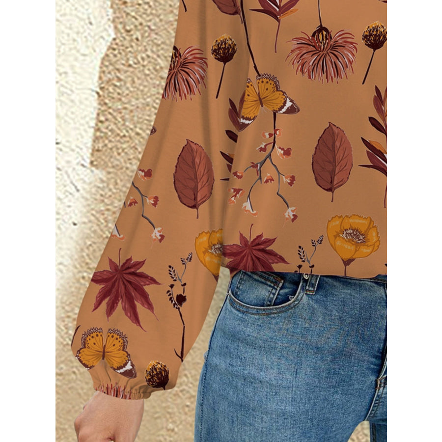 Printed Notched Long Sleeve Blouse Apparel and Accessories