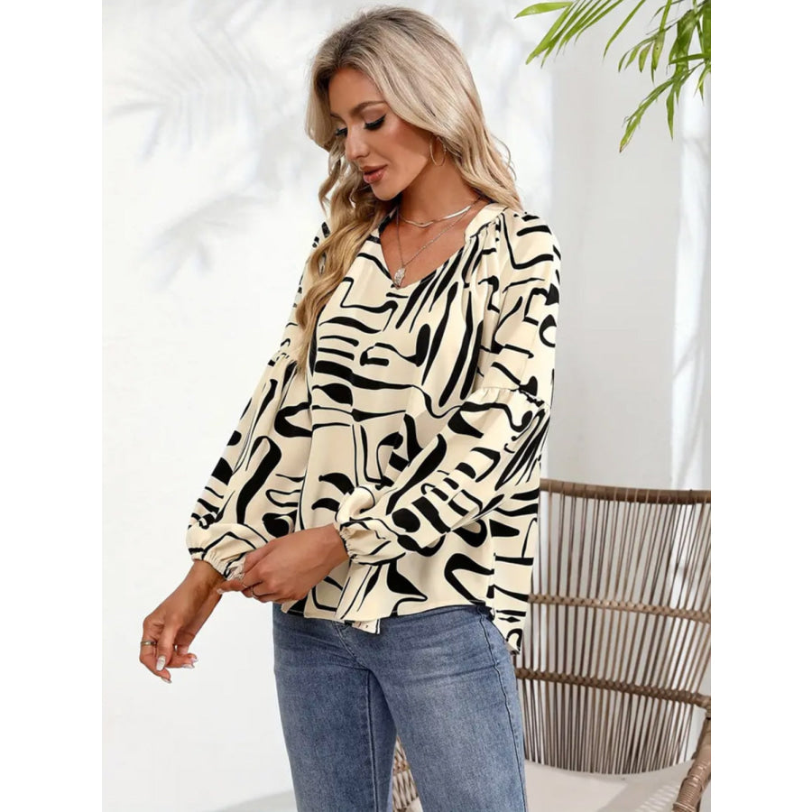 Printed Notched Long Sleeve Blouse Apparel and Accessories