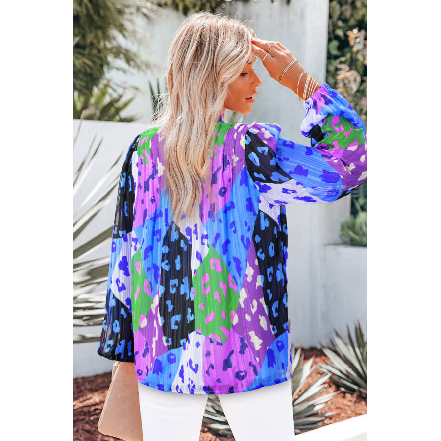 Printed Notched Long Sleeve Blouse Apparel and Accessories