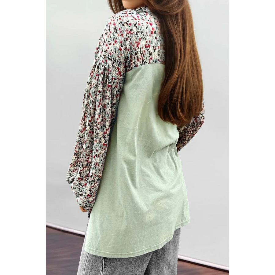 Printed Notched Long Sleeve Blouse Apparel and Accessories