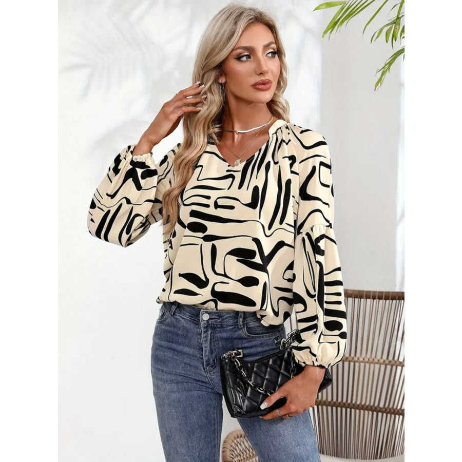 Printed Notched Long Sleeve Blouse Apparel and Accessories