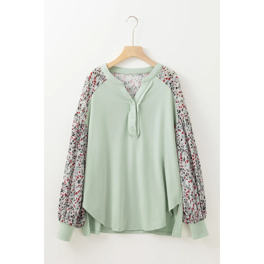 Printed Notched Long Sleeve Blouse Apparel and Accessories