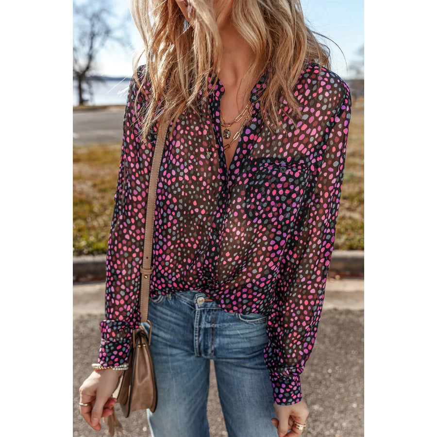 Printed Notched Long Sleeve Blouse Apparel and Accessories