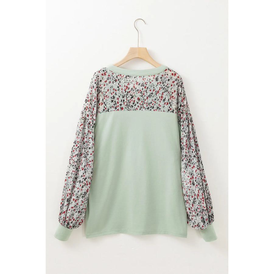 Printed Notched Long Sleeve Blouse Apparel and Accessories