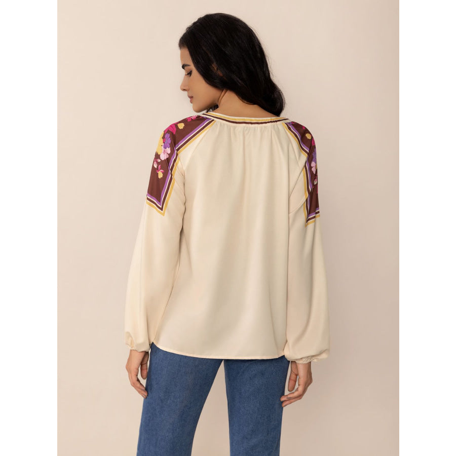 Printed Notched Long Sleeve Blouse Apparel and Accessories