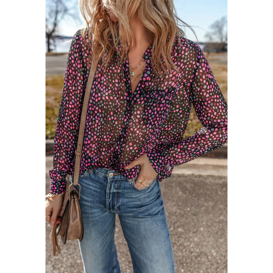 Printed Notched Long Sleeve Blouse Black / S Apparel and Accessories