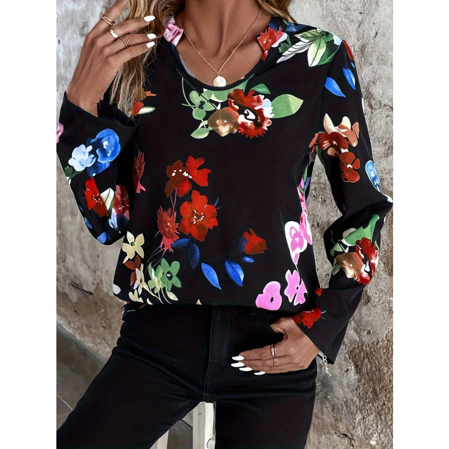 Printed Notched Long Sleeve Blouse Black / S Apparel and Accessories