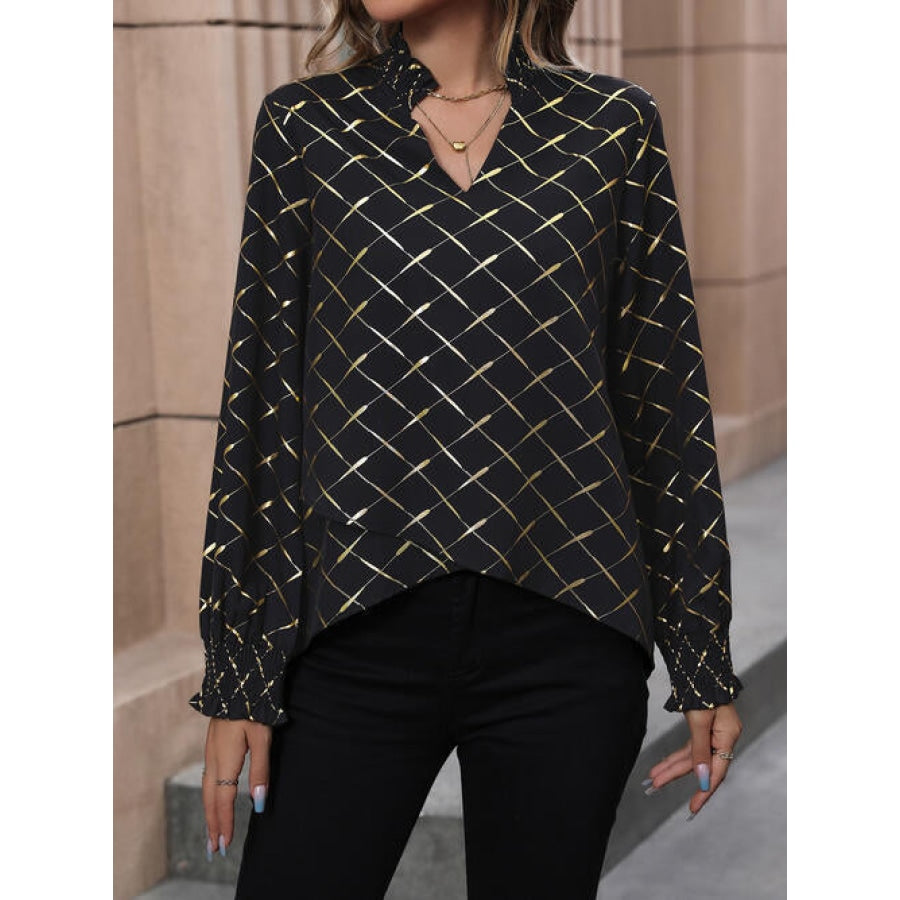 Printed Notched Long Sleeve Blouse Black / S