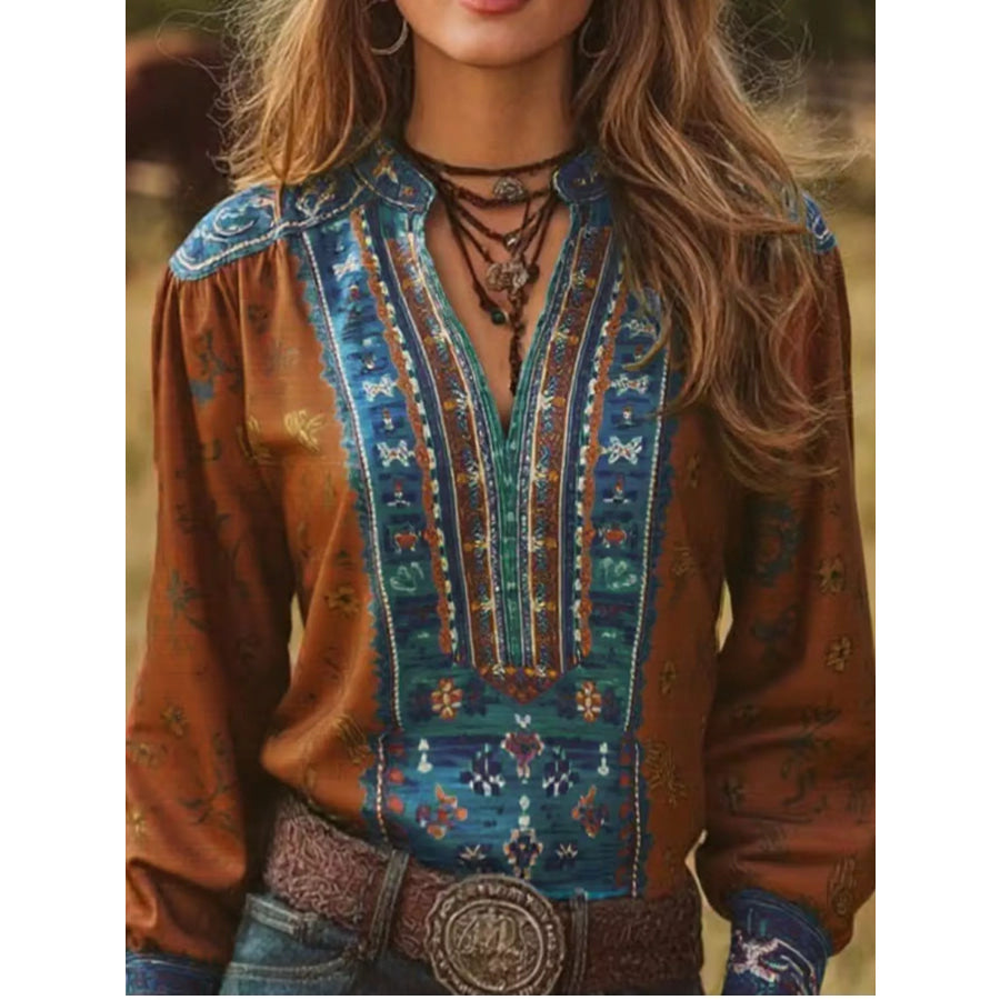 Printed Notched Long Sleeve Blouse Brown / S Apparel and Accessories