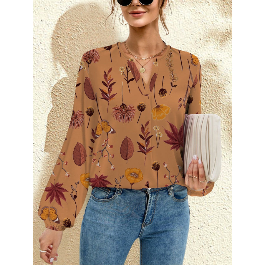 Printed Notched Long Sleeve Blouse Caramel / S Apparel and Accessories