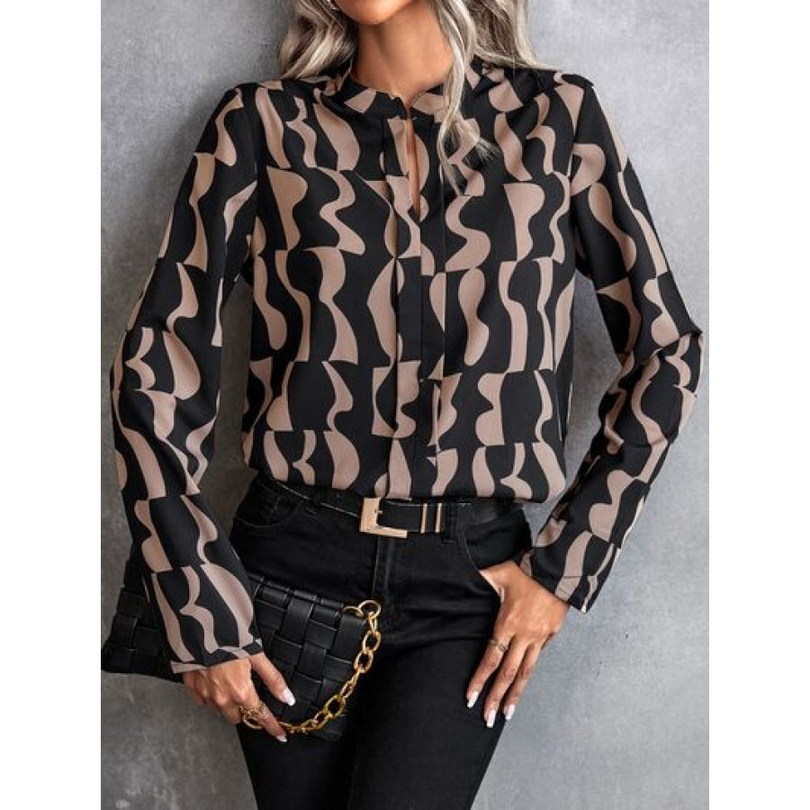 Printed Notched Long Sleeve Blouse Chocolate / XS Clothing