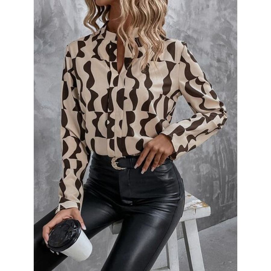 Printed Notched Long Sleeve Blouse Clothing