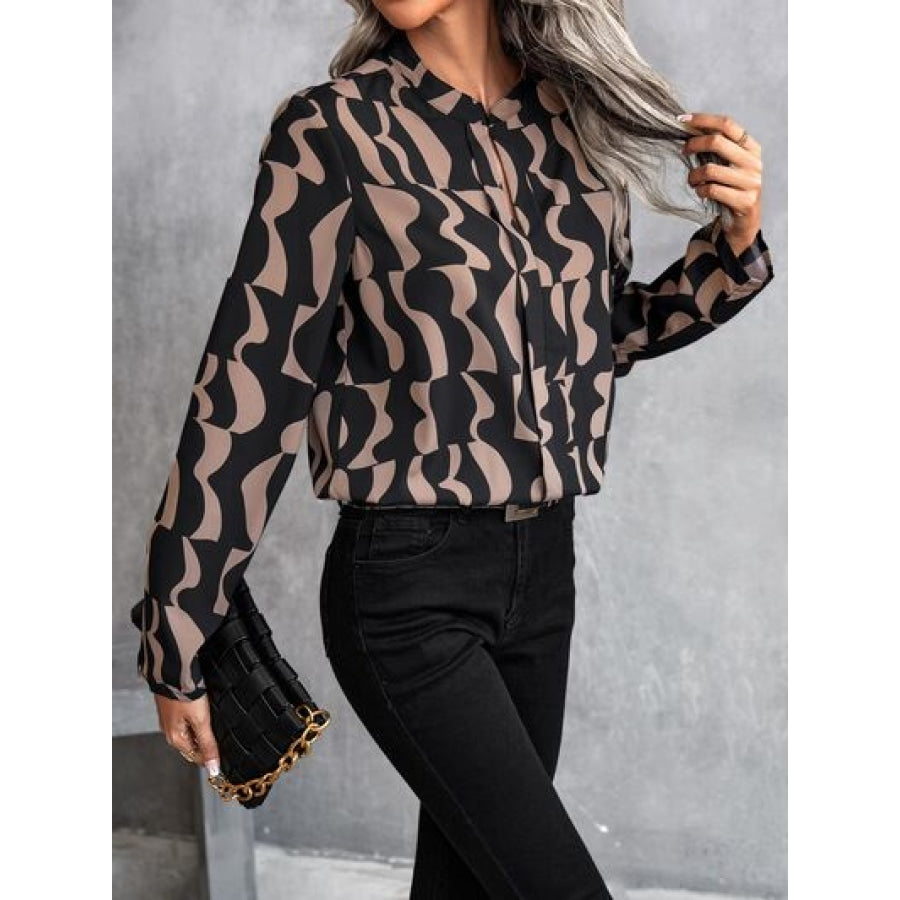 Printed Notched Long Sleeve Blouse Clothing