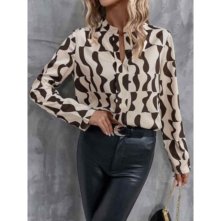 Printed Notched Long Sleeve Blouse Clothing