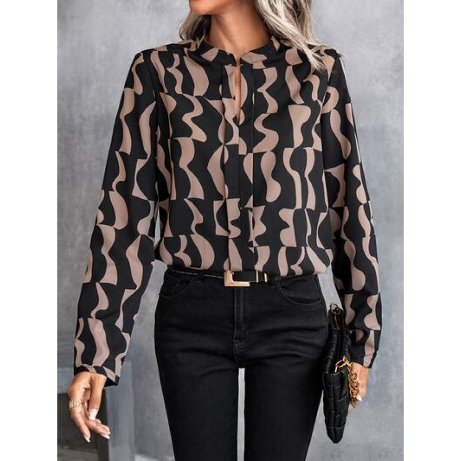 Printed Notched Long Sleeve Blouse Clothing