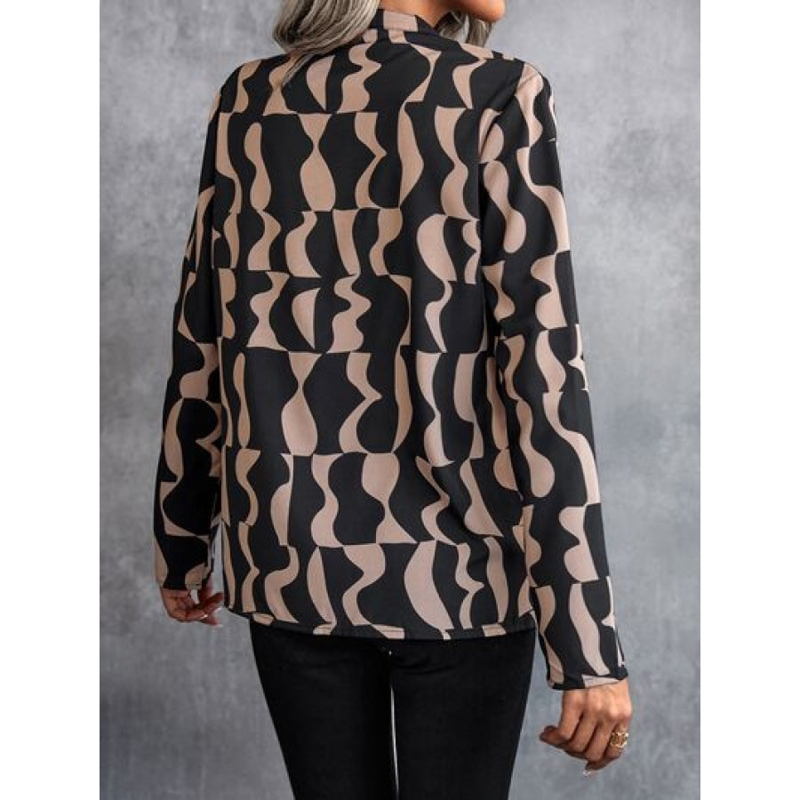 Printed Notched Long Sleeve Blouse Clothing