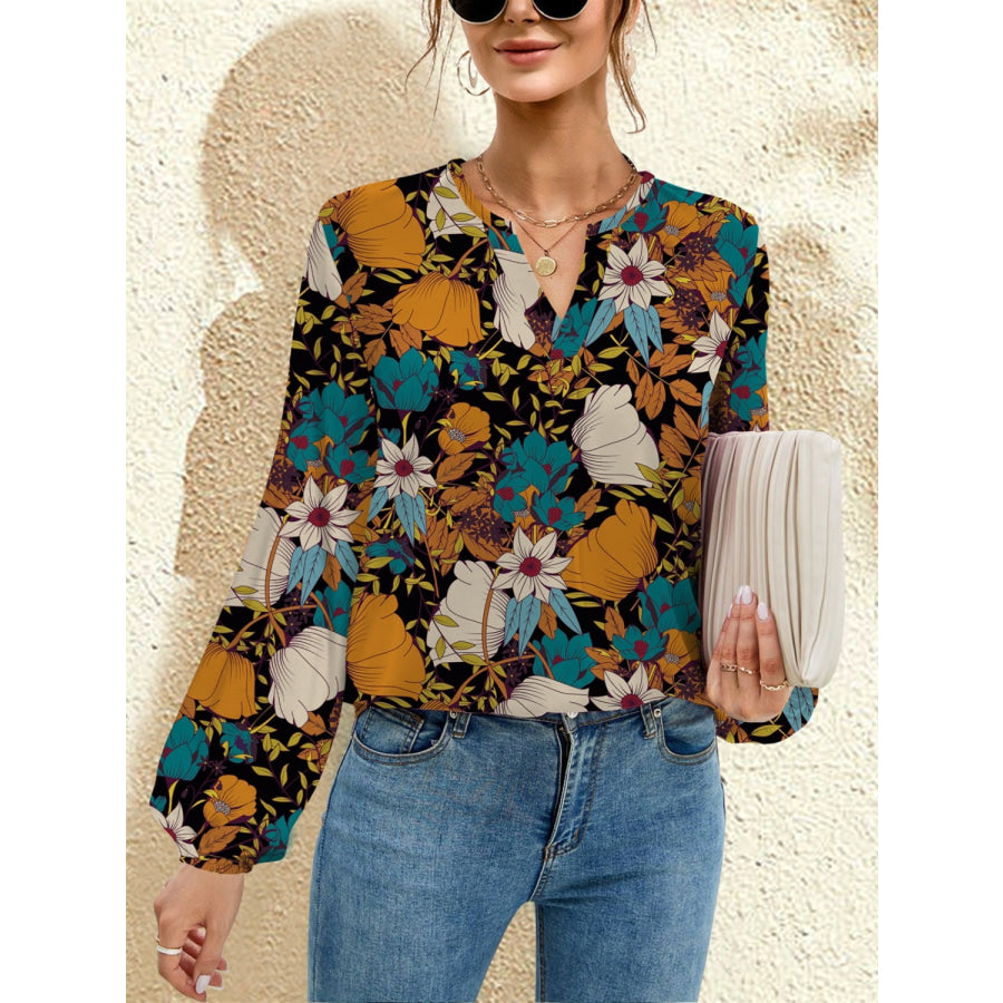 Printed Notched Long Sleeve Blouse French Blue / S Apparel and Accessories