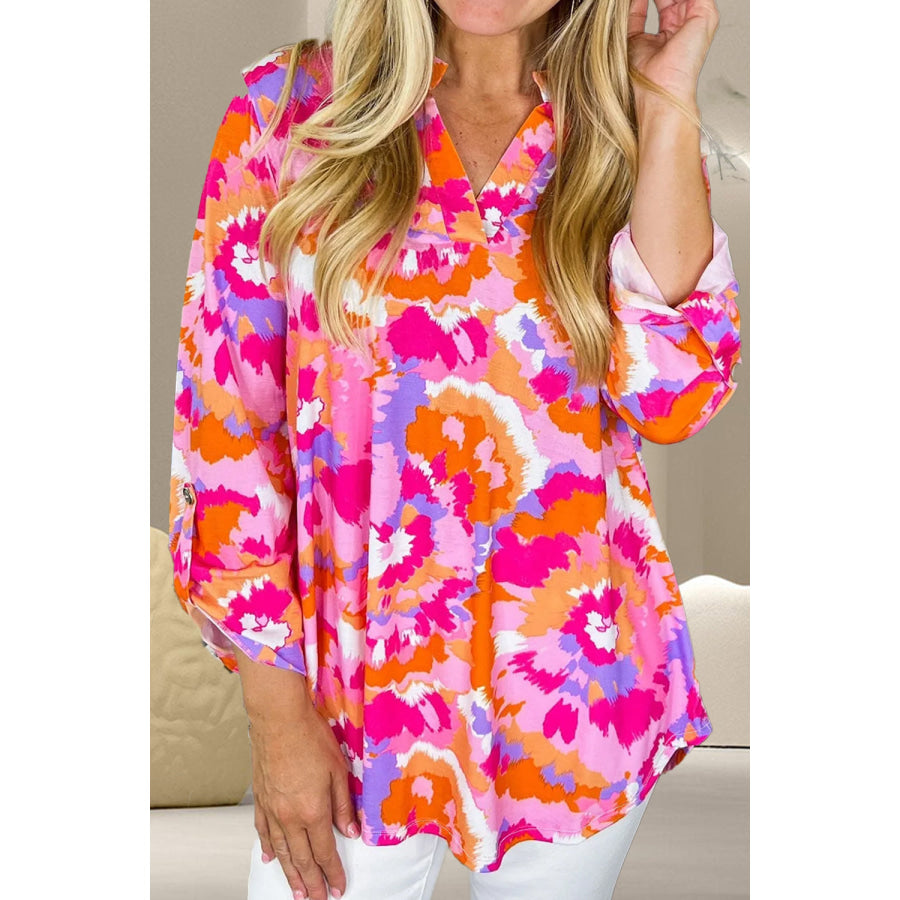 Printed Notched Long Sleeve Blouse Fuchsia Pink / S Apparel and Accessories