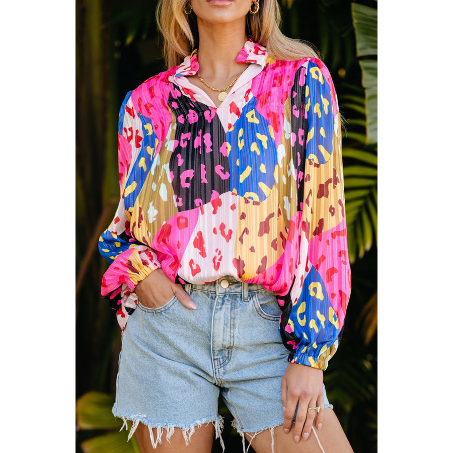 Printed Notched Long Sleeve Blouse Hot Pink / S Apparel and Accessories