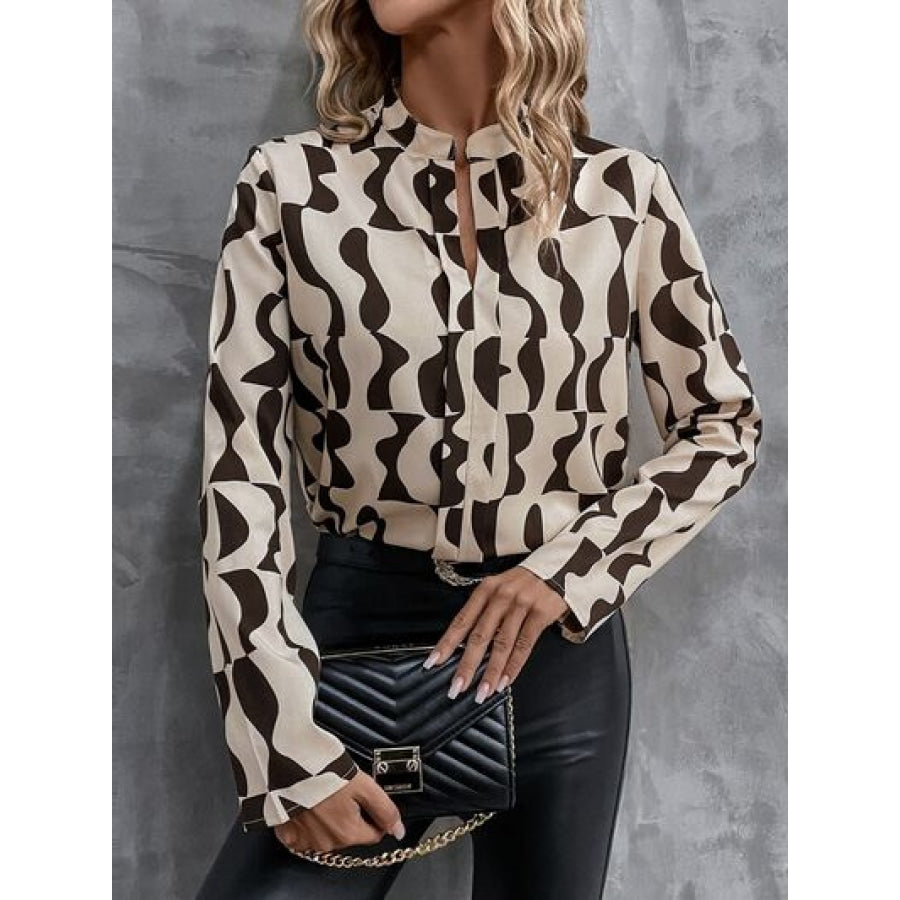 Printed Notched Long Sleeve Blouse Khaki / XS Clothing