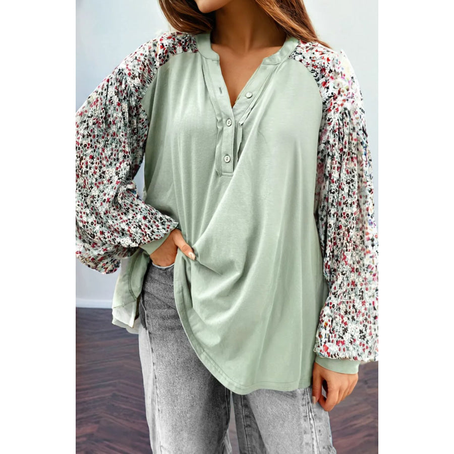 Printed Notched Long Sleeve Blouse Light Green / S Apparel and Accessories