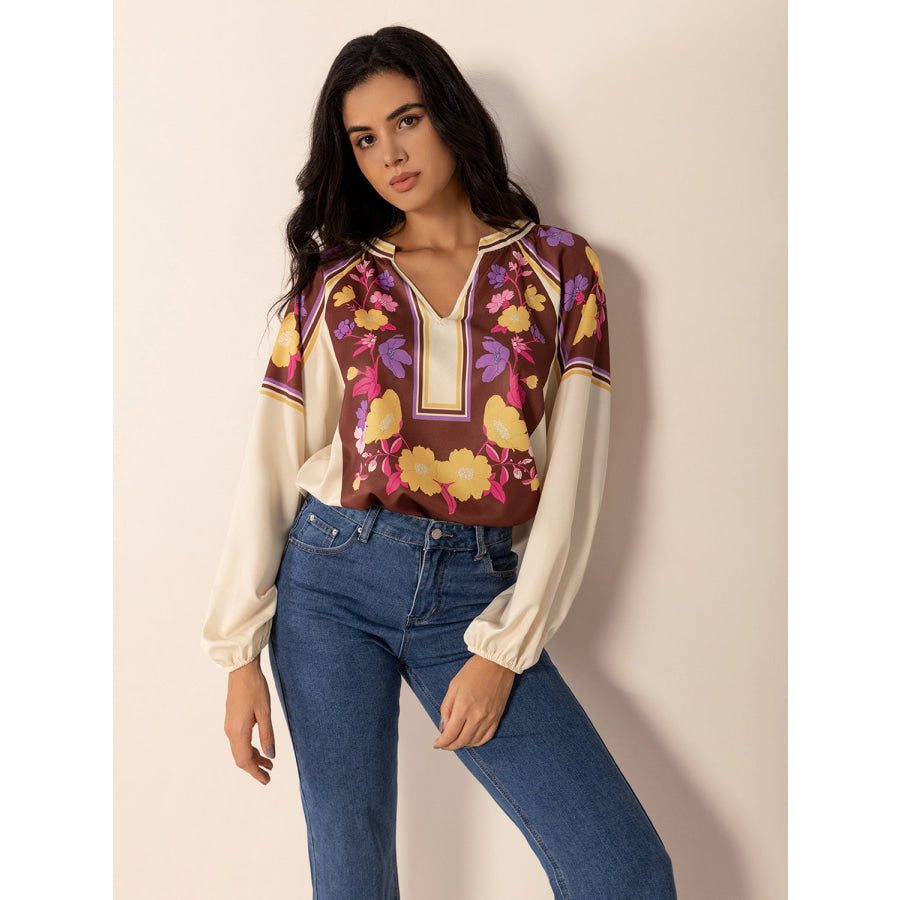 Printed Notched Long Sleeve Blouse Multicolor / S Apparel and Accessories