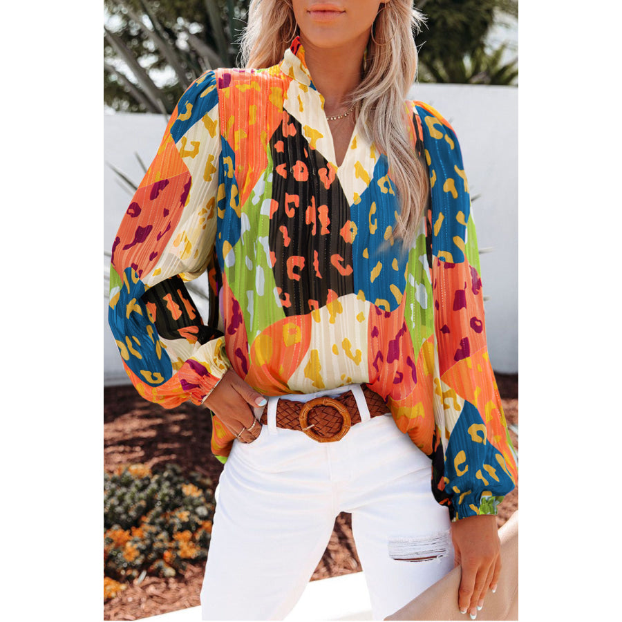 Printed Notched Long Sleeve Blouse Orange / S Apparel and Accessories